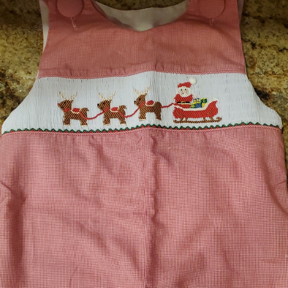 Red Santa and Reindeer Smocked Shortall